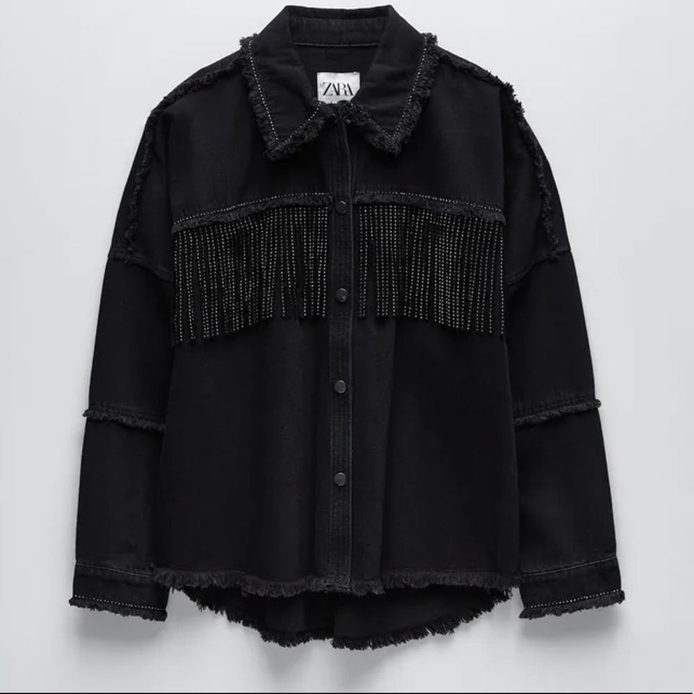 Zara Woman black denim fringe studded shirt jacket